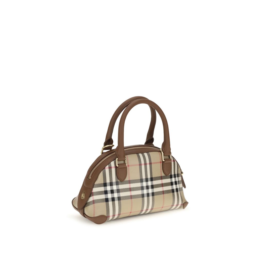 Burberry beige canvas handbag with leather accents, featuring top handles and classic design for stylish everyday use.