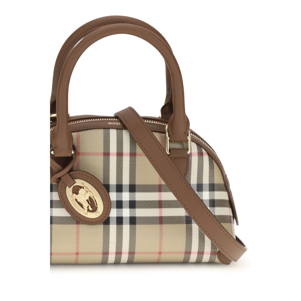 Burberry beige canvas handbag with leather accents, featuring a classic design and top handle, on a neutral background.