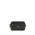 Valentino Garavani black calf leather Bos Taurus shoulder bag with silver hardware and sleek design.