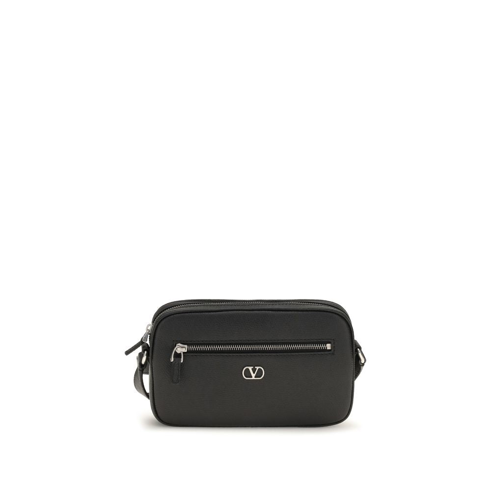 Valentino Garavani black calf leather Bos Taurus shoulder bag with silver hardware and sleek design.