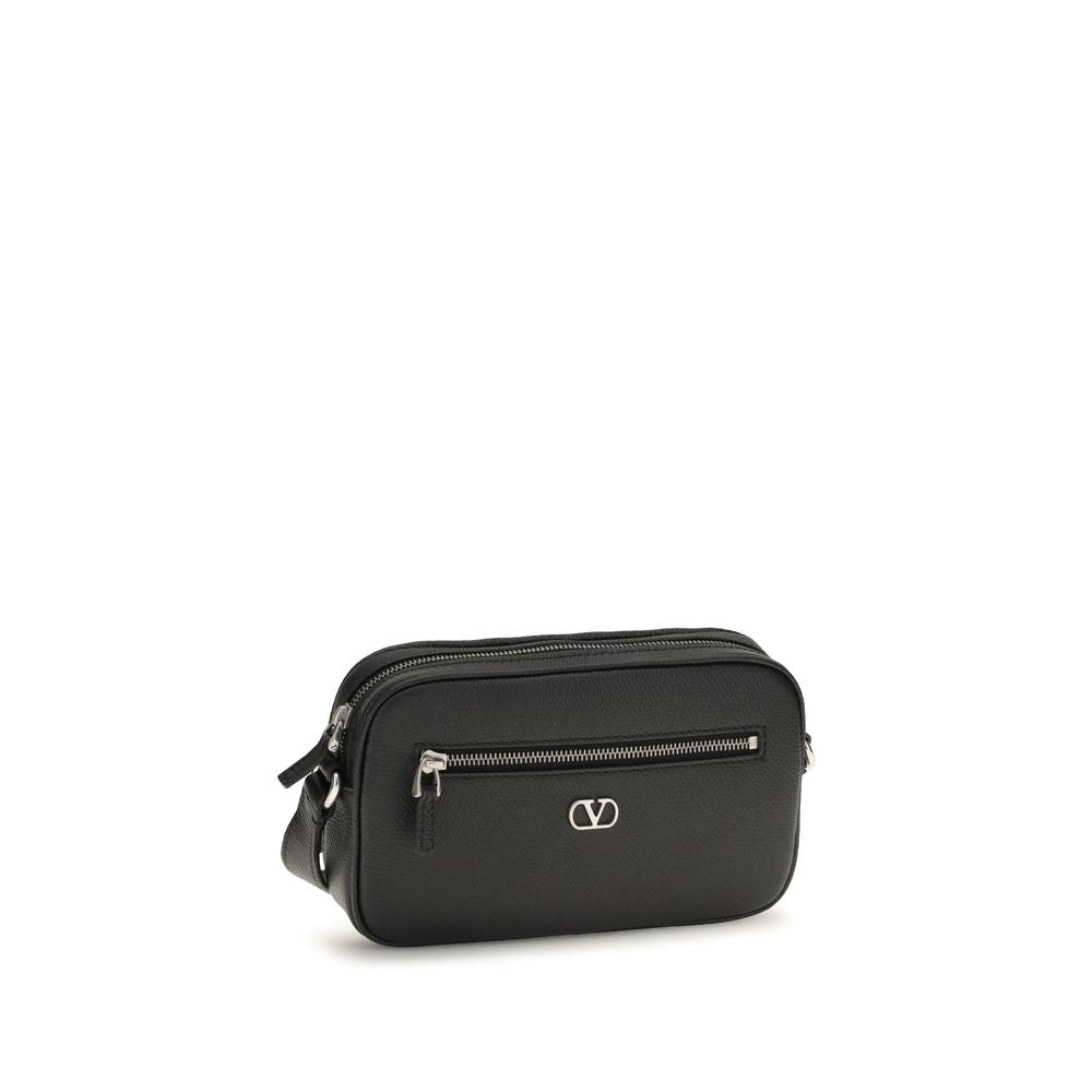 Valentino Garavani black calf leather Bos Taurus shoulder bag with gold-tone hardware and structured design.