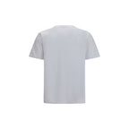 Off-White white cotton T-shirt displayed flat, showing front view with logo design and classic crew neckline.