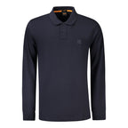 Hugo Boss men's blue cotton polo shirt with a classic collar and short sleeves, displayed on a plain background.