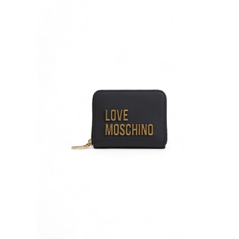 Love Moschino black polyethylene wallet with gold logo accents, featuring multiple card slots and a sleek, compact design.