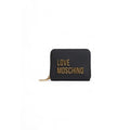 Love Moschino black polyethylene wallet with gold logo accents, featuring multiple card slots and a sleek, compact design.