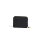 Black Love Moschino polyethylene wallet with gold-tone logo and card slots, featuring a sleek, modern design.