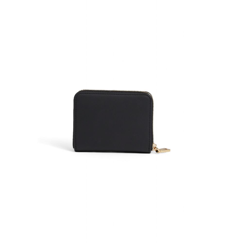 Black Love Moschino polyethylene wallet with gold-tone logo and card slots, featuring a sleek, modern design.