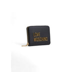Black Love Moschino polyethylene wallet with zip closure and logo detail, showcasing a sleek, compact design.