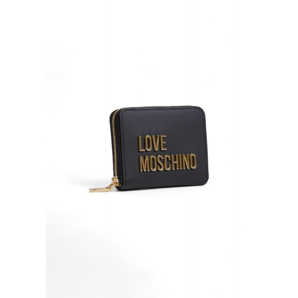 Black Love Moschino polyethylene wallet with zip closure and logo detail, showcasing a sleek, compact design.