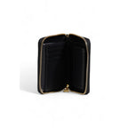 Love Moschino black polyethylene wallet with gold-tone logo and compact design, featuring multiple card slots and a zip coin pocket.