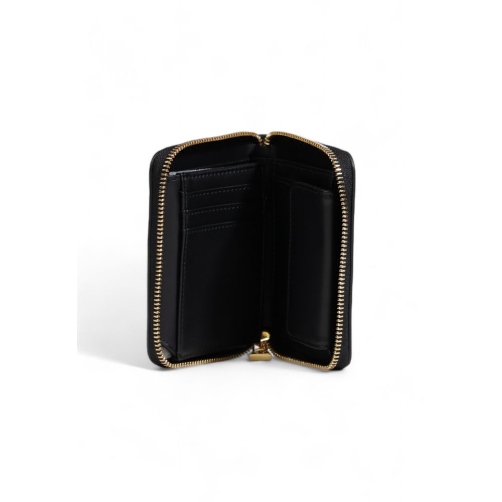 Love Moschino black polyethylene wallet with gold-tone logo and compact design, featuring multiple card slots and a zip coin pocket.