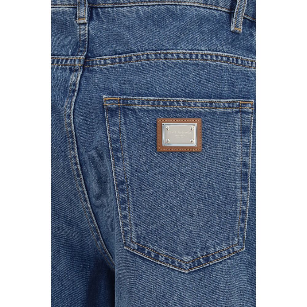 Blue cotton straight-leg jeans by Dolce & Gabbana with classic five-pocket design and belt loops.