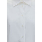 White cotton dress shirt by Dolce & Gabbana, featuring a classic fit with button-down collar and long sleeves, shown on a hanger.
