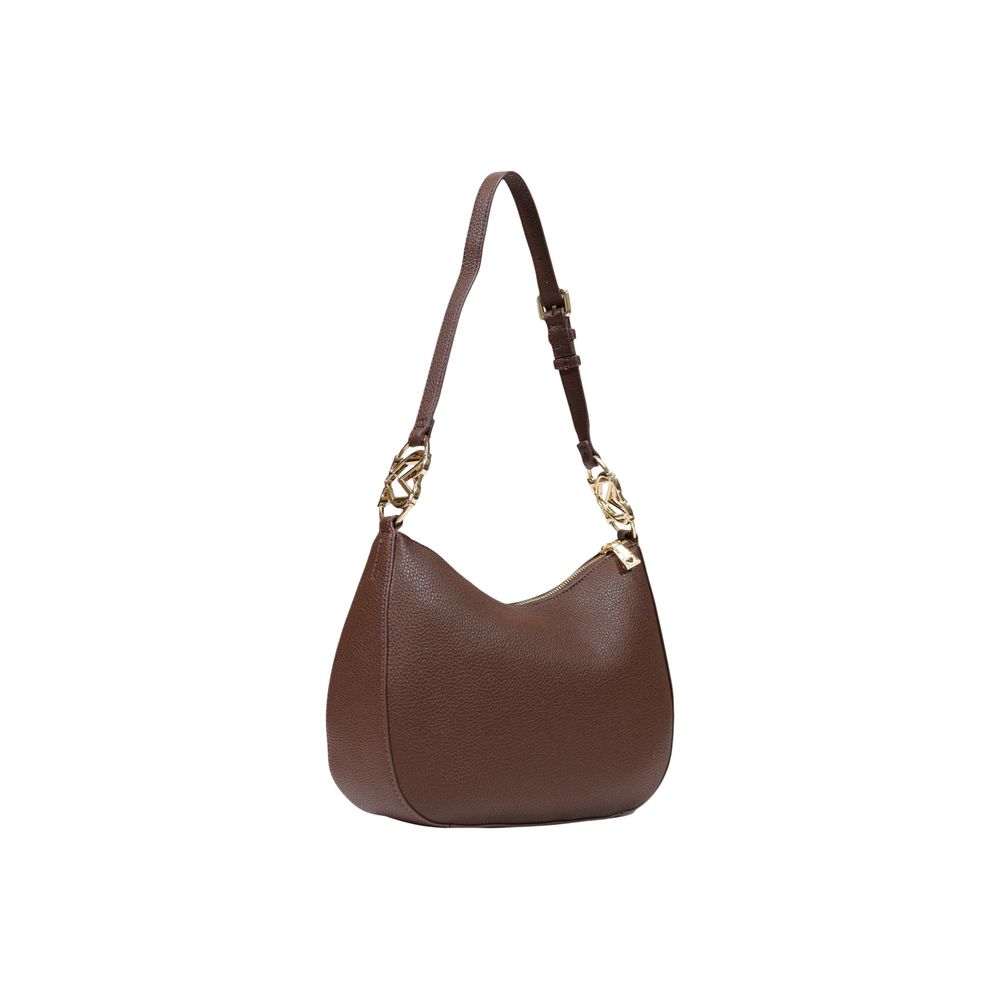 Love Moschino brown polyethylene handbag with structured design and top handles, showcasing modern fashion style.
