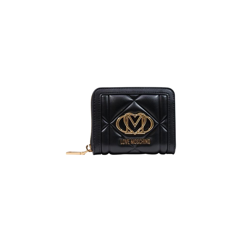 Love Moschino black polyethylene wallet with silver zipper and logo detail, compact and stylish accessory for everyday use.