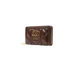 Love Moschino brown polyethylene wallet with a sleek design and zippered closure, featuring the brand logo on the front.