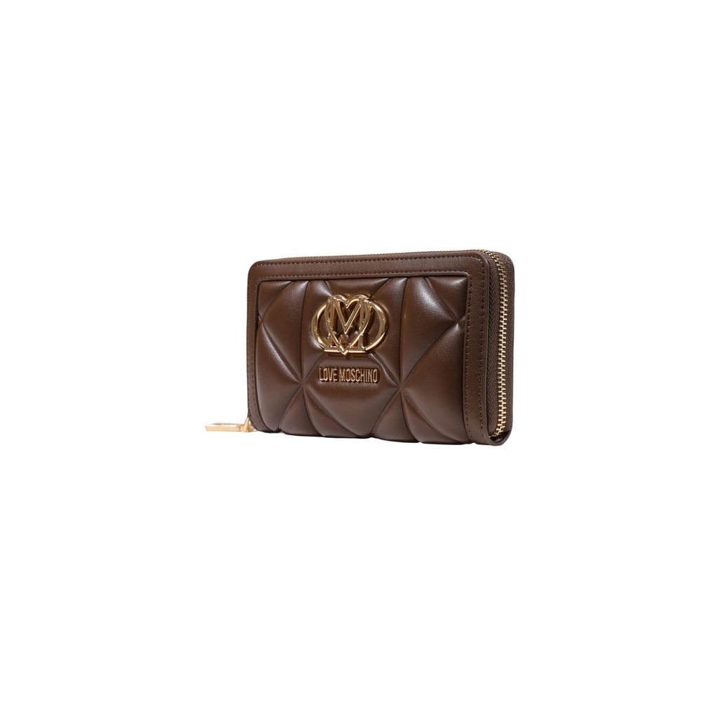 Love Moschino brown polyethylene wallet with a sleek design and zippered closure, featuring the brand logo on the front.
