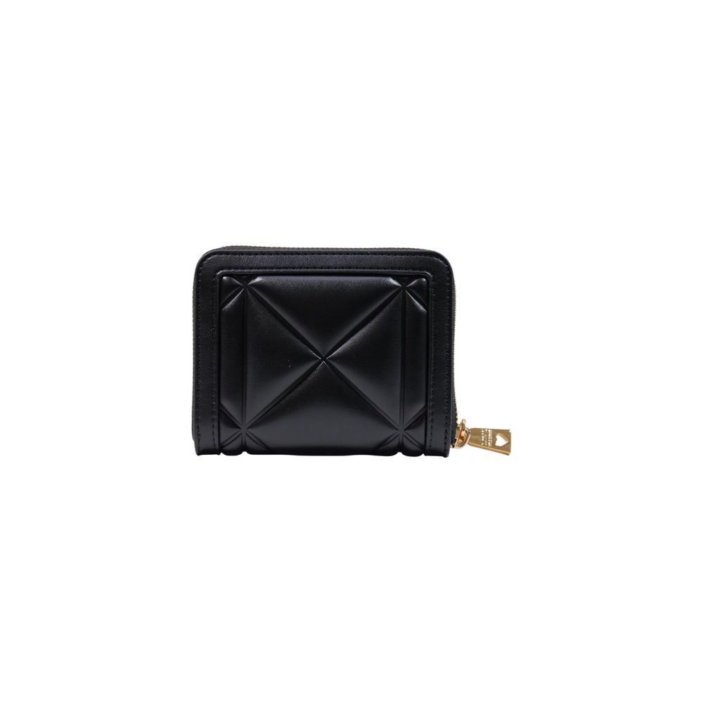 Black Love Moschino polyethylene wallet with gold hardware, featuring the brand logo and a sleek, compact design for everyday use.