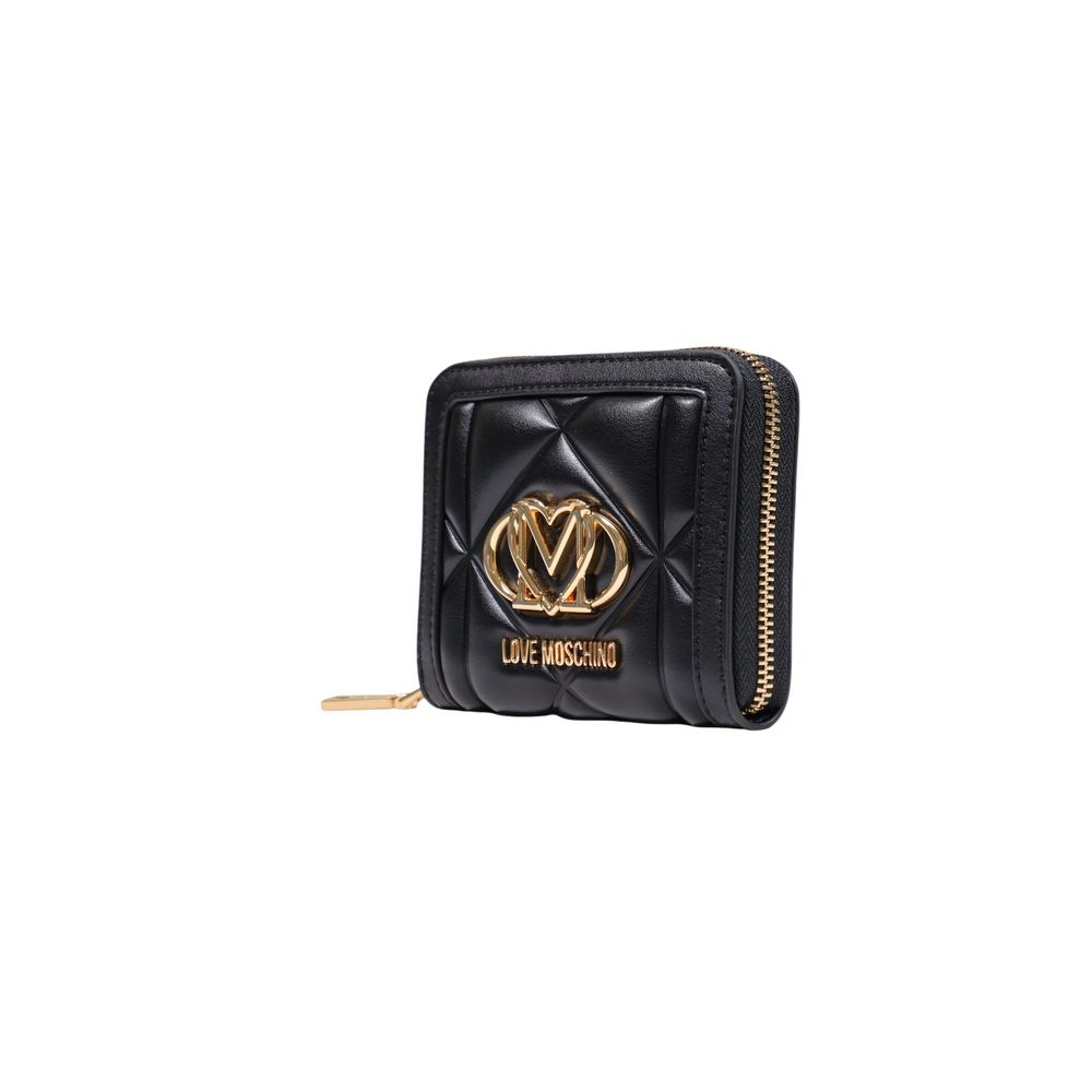 Love Moschino black polyethylene wallet with branded logo and sleek design, featuring multiple card slots and a compact shape.