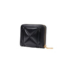 Love Moschino black polyethylene wallet with gold-tone logo detail and multiple card slots on a white background.