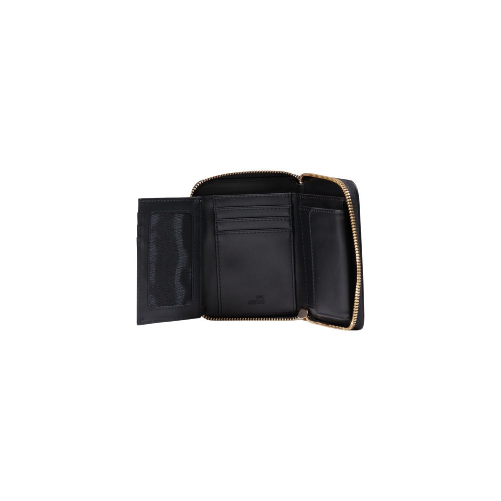 Love Moschino black polyethylene wallet with silver hardware, featuring the brand logo and a sleek, compact design.