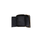 Love Moschino black polyethylene wallet with silver hardware, featuring the brand logo and a sleek, compact design.