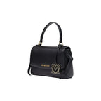 Love Moschino black polyethylene handbag with silver hardware, featuring a structured shape and top handle for stylish carrying.