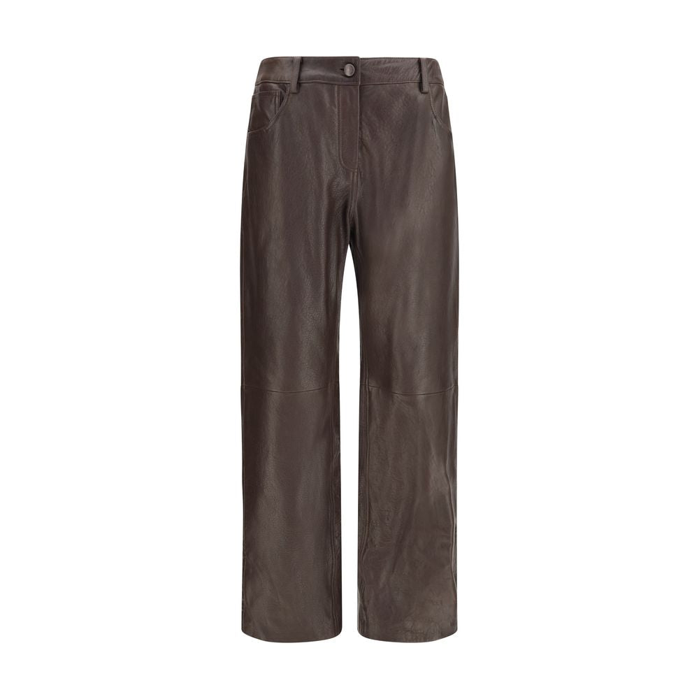 Magda Butrym brown leather pants featuring a high-waist design and tailored fit, styled with a sleek, modern look.