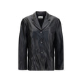 Black lambskin blazer by Magda Butrym, tailored fit with structured shoulders and classic lapel, shown on a model.