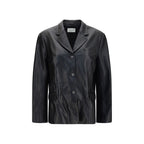 Black lambskin blazer by Magda Butrym, tailored fit with structured shoulders and classic lapel, shown on a model.