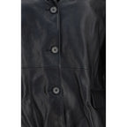 Black lambskin blazer by Magda Butrym, tailored fit with structured design and classic lapels, shown on a model.