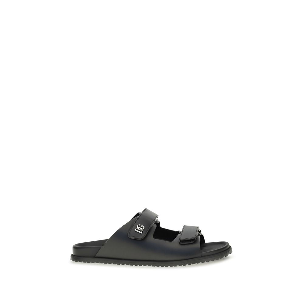 Dolce & Gabbana Black Calf Leather Bos Taurus Flat Sandals Dolce & Gabbana