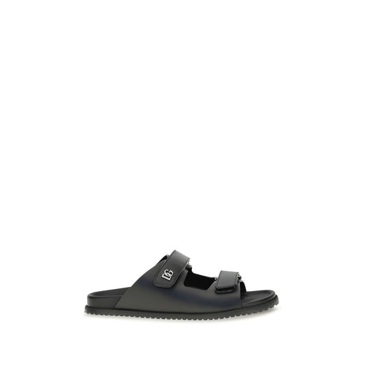 Dolce & Gabbana Black Calf Leather Bos Taurus Flat Sandals Dolce & Gabbana