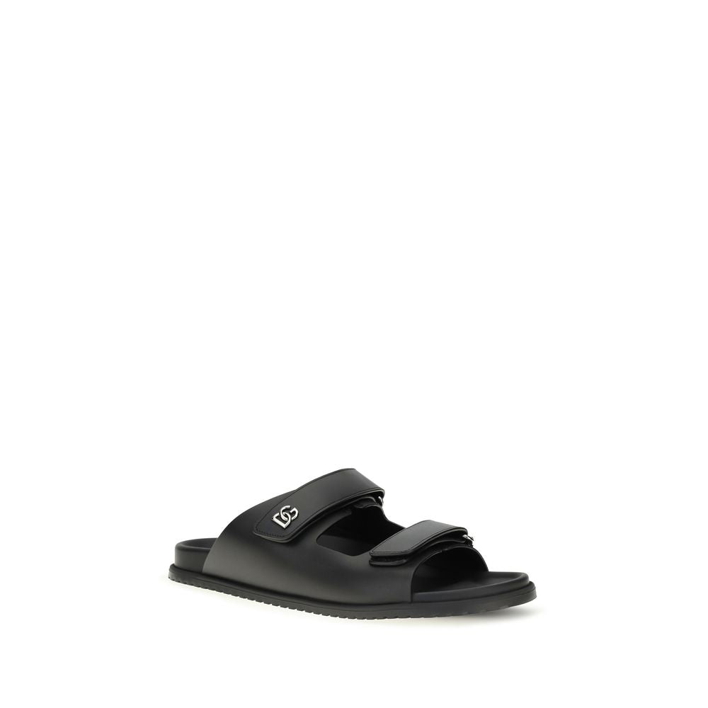 Dolce & Gabbana Black Calf Leather Bos Taurus Flat Sandals Dolce & Gabbana