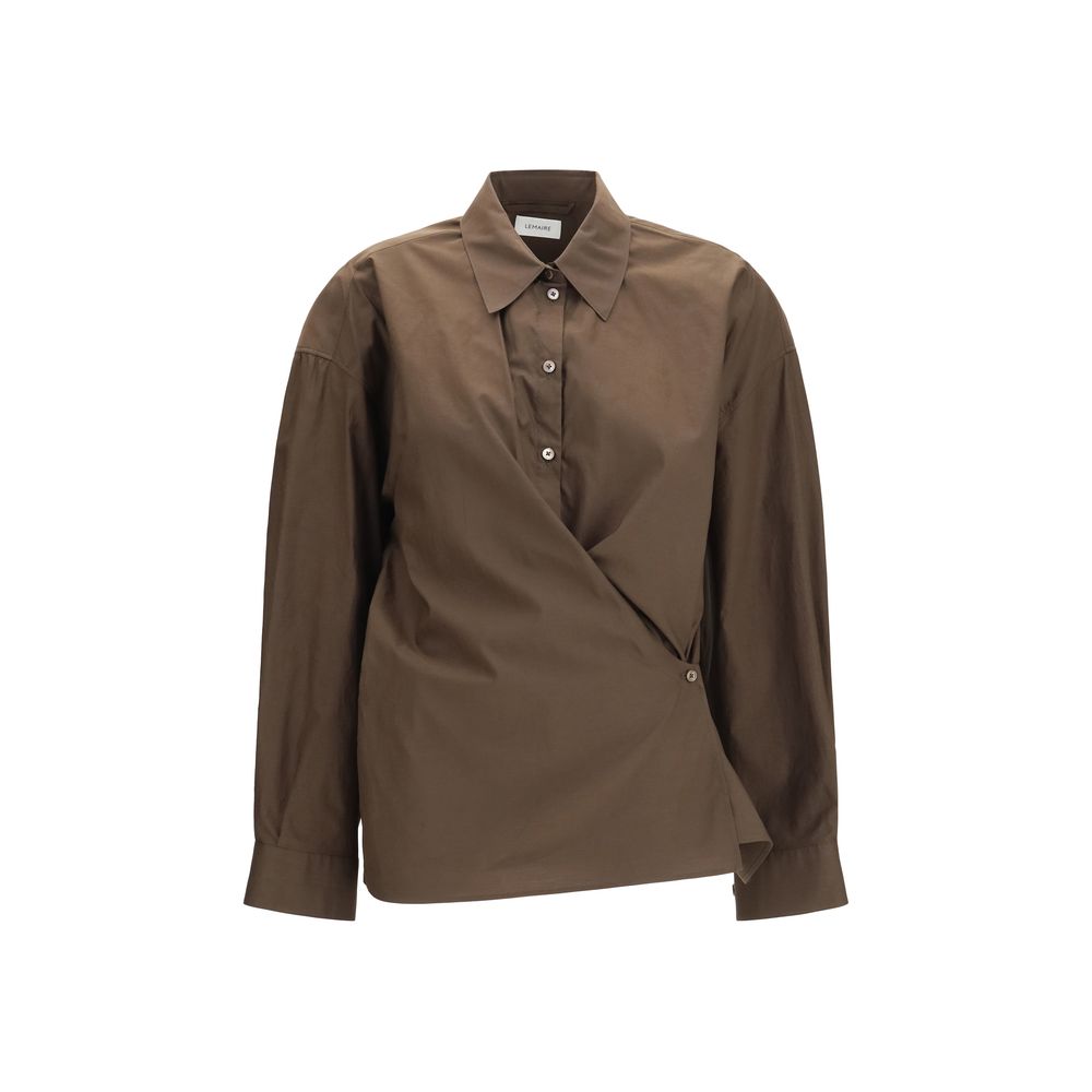 Lemaire brown cotton shirt with a classic fit, featuring a button-down front and collar, displayed on a hanger.