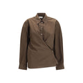 Lemaire brown cotton shirt with a classic fit, featuring a button-down front and collar, displayed on a hanger.
