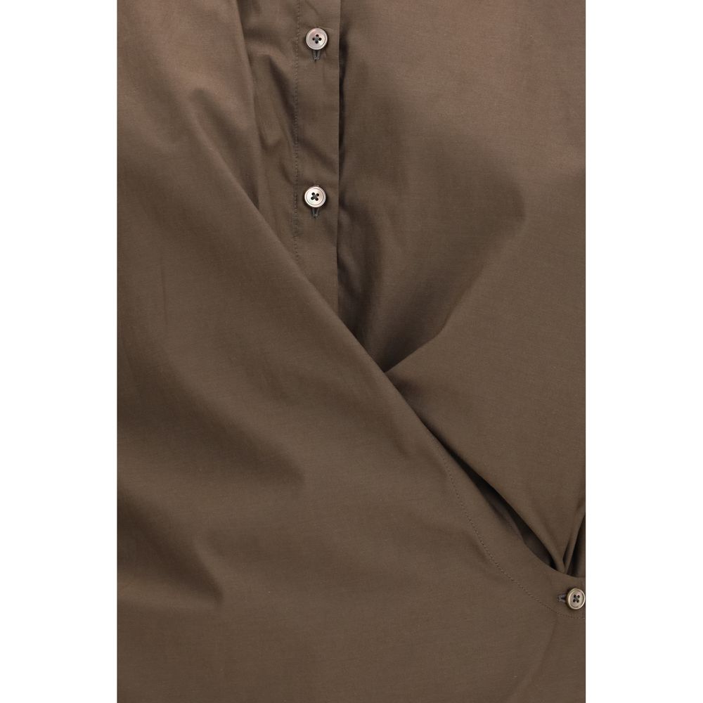 Lemaire brown cotton shirt with a classic collar and button-up front, displayed on a hanger.