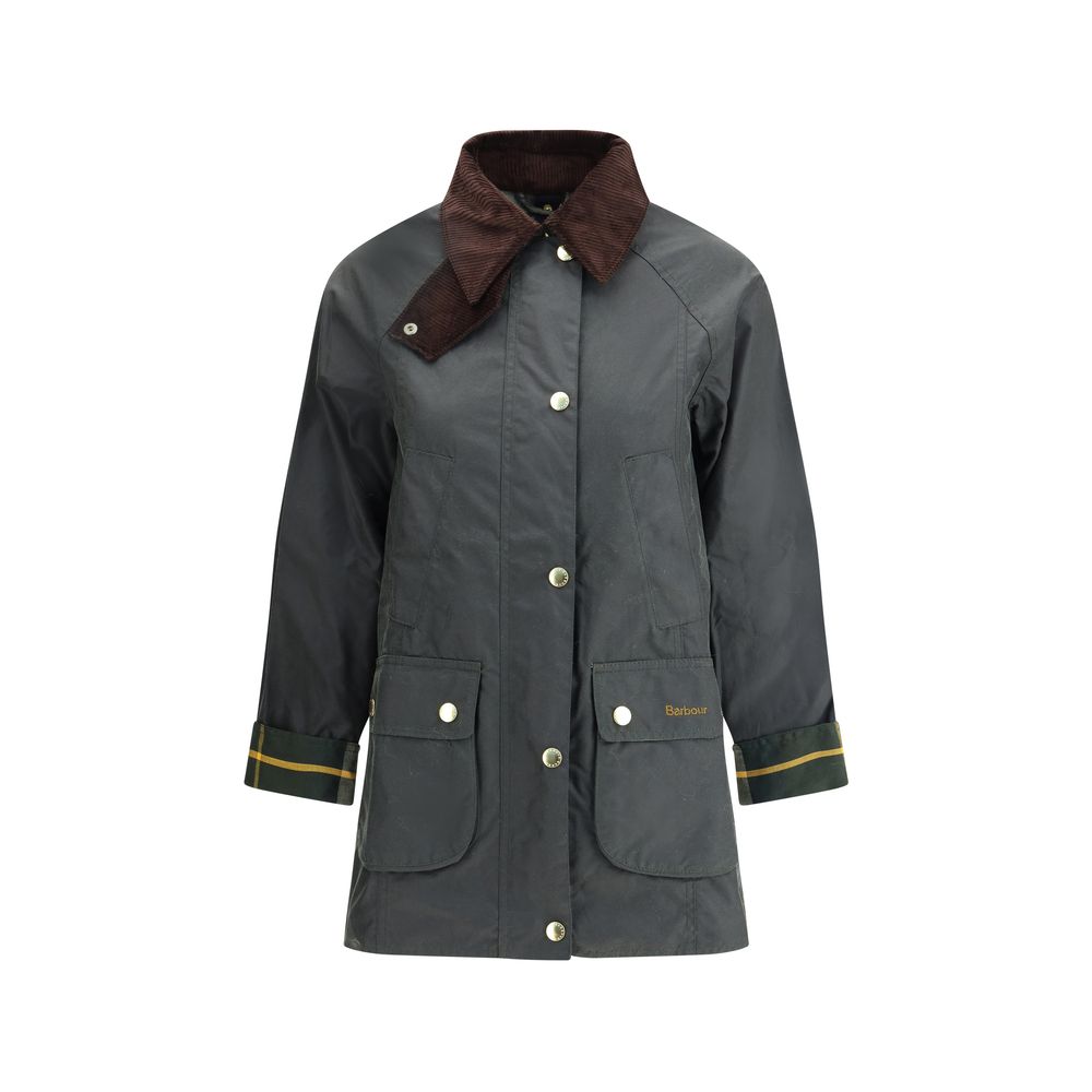 Barbour Bicolor cotton coat displayed hanging, featuring a classic design with contrasting color blocks and a detachable hood.