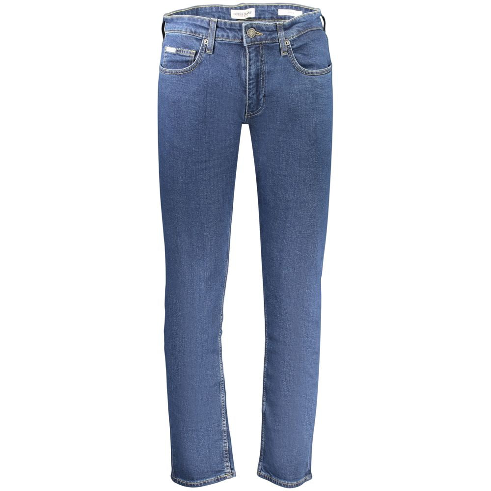 Blue cotton men's jeans by Guess Jeans, featuring classic five-pocket design and a slim fit silhouette.