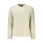 Hugo Boss beige cotton men's shirt displayed on a hanger, showcasing its classic collar and button-front design.