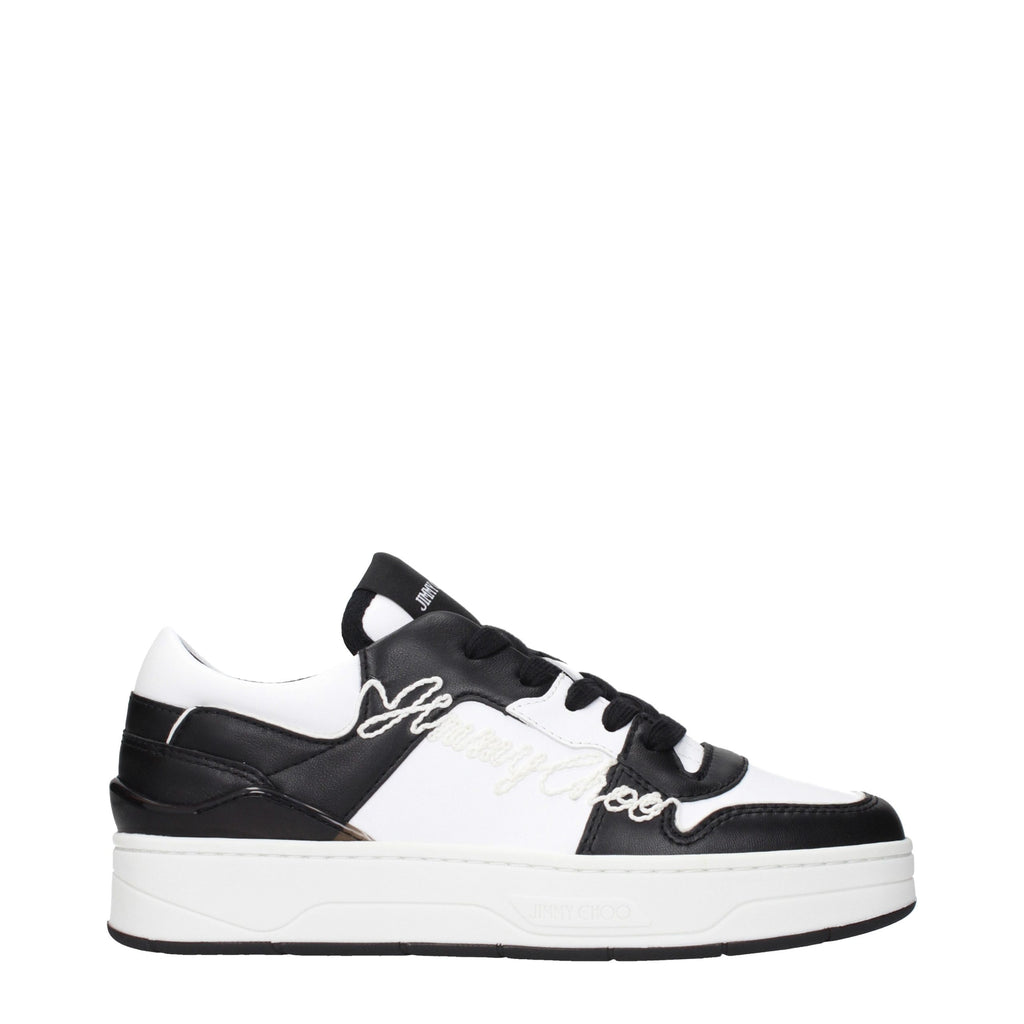 Jimmy Choo black leather low top sneakers with sleek design and white sole, perfect for casual stylish footwear.