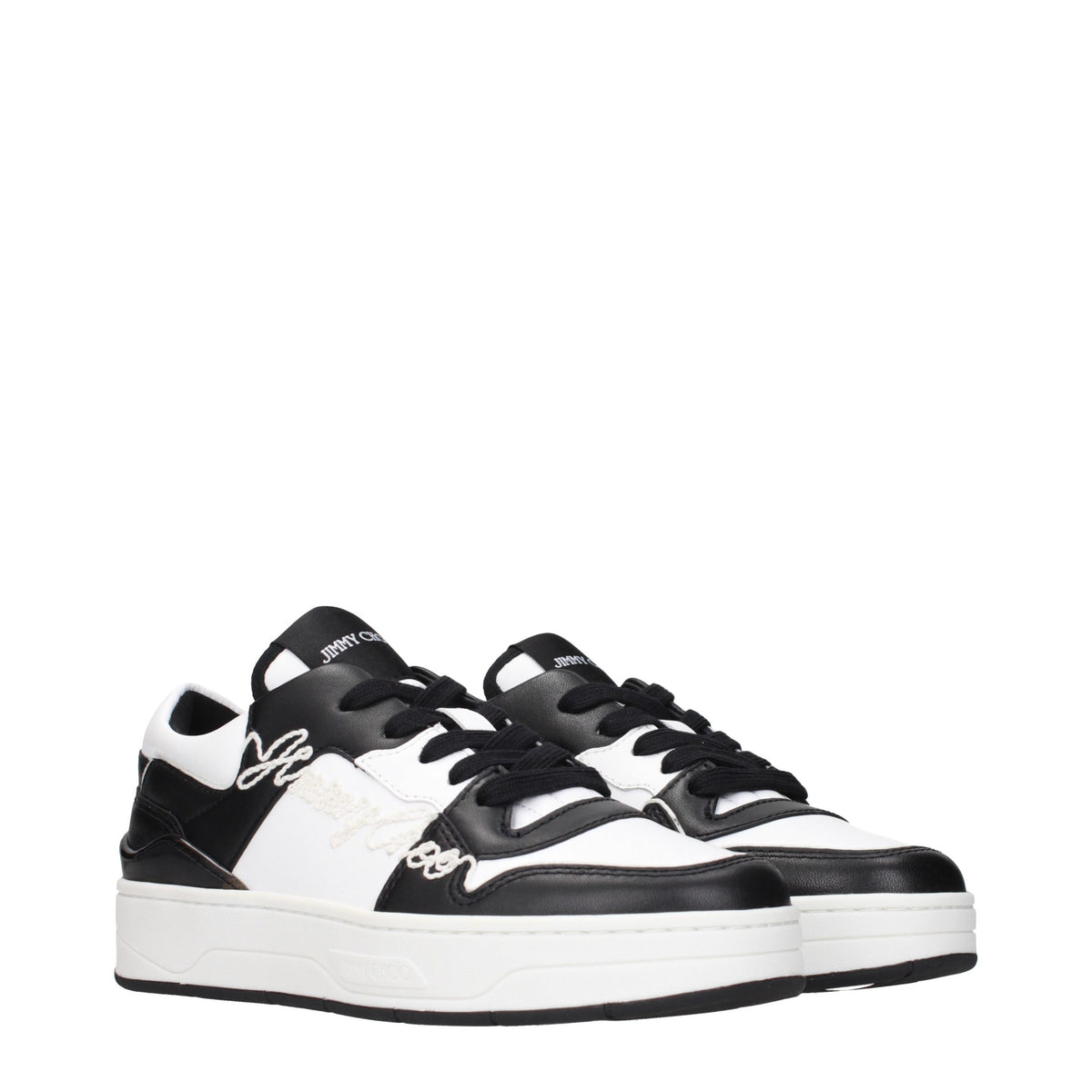 Black leather low top sneakers from Jimmy Choo displayed on a clean background.