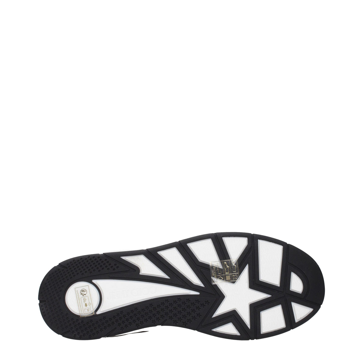 Jimmy Choo black leather low top sneakers with sleek design and white rubber soles.