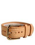 Dolce & Gabbana beige embossed leather belt strap with gold buckle, designed as a stylish bracelet accessory.
