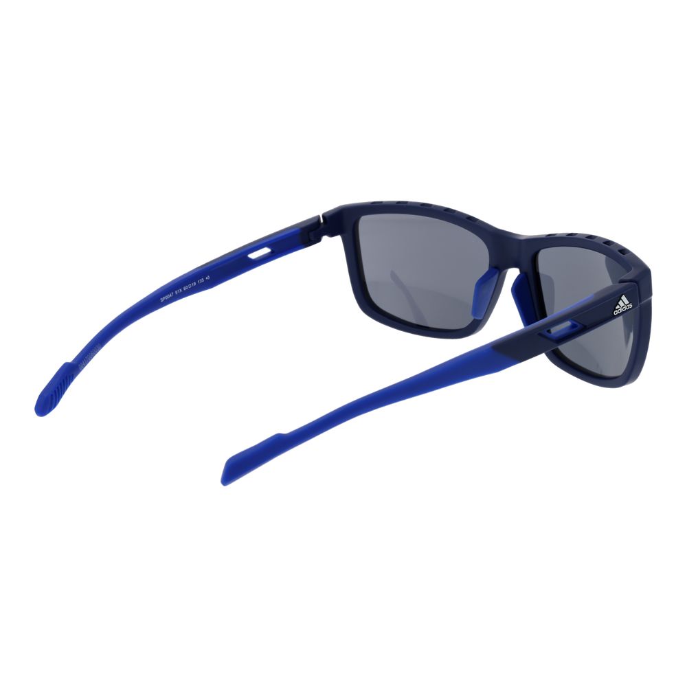 Adidas blue plastic sunglasses with round lenses and full frame, stylish eyewear for sun protection.