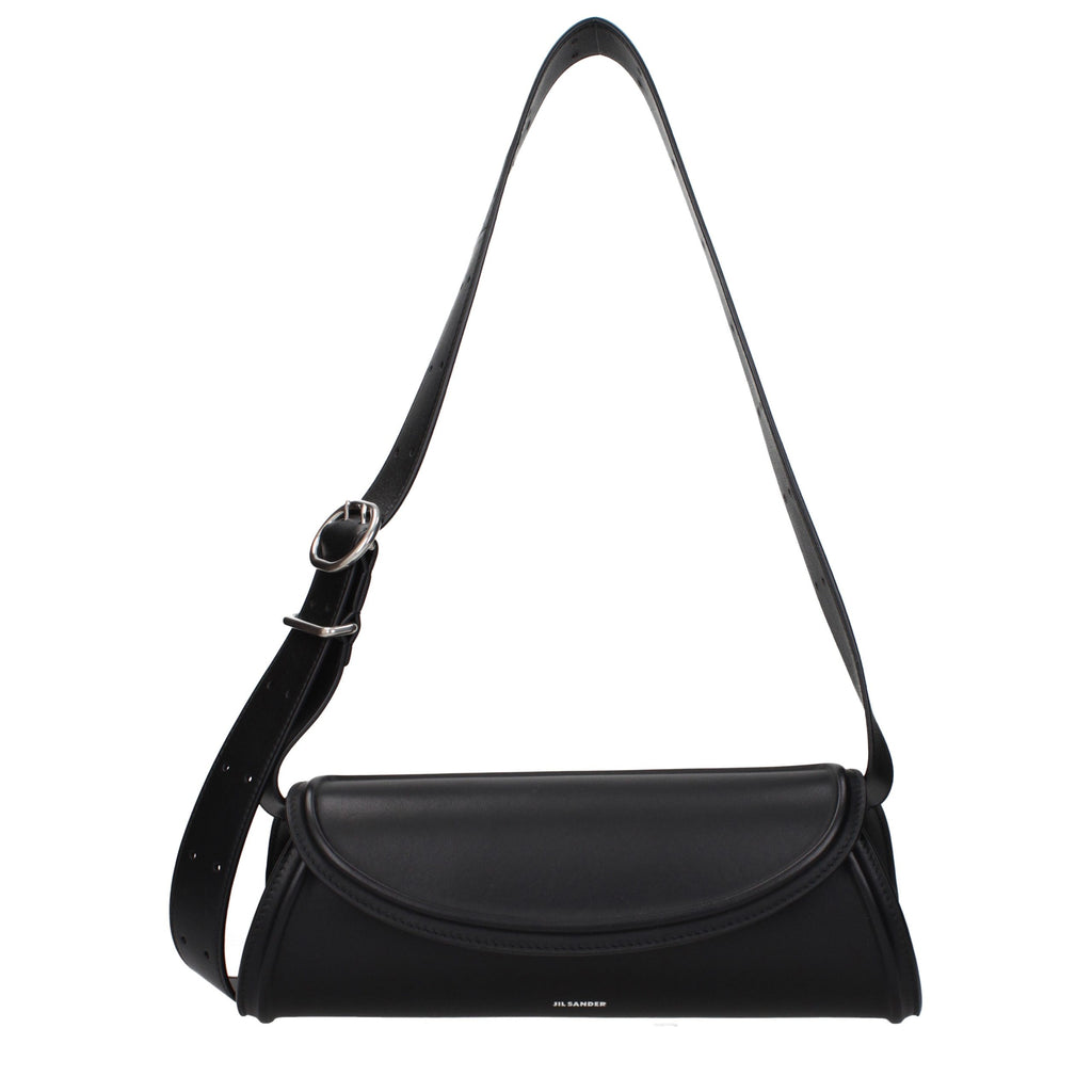 Jil Sander black leather crossbody bag with sleek design and adjustable strap, featuring minimalist style and subtle branding.