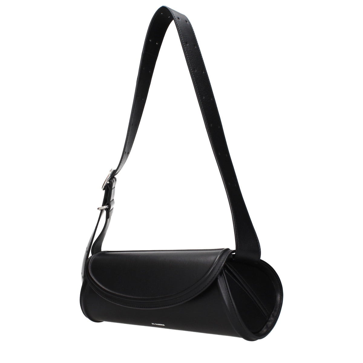 Jil Sander black leather crossbody bag with sleek design and adjustable strap, featuring minimalist style and subtle branding.