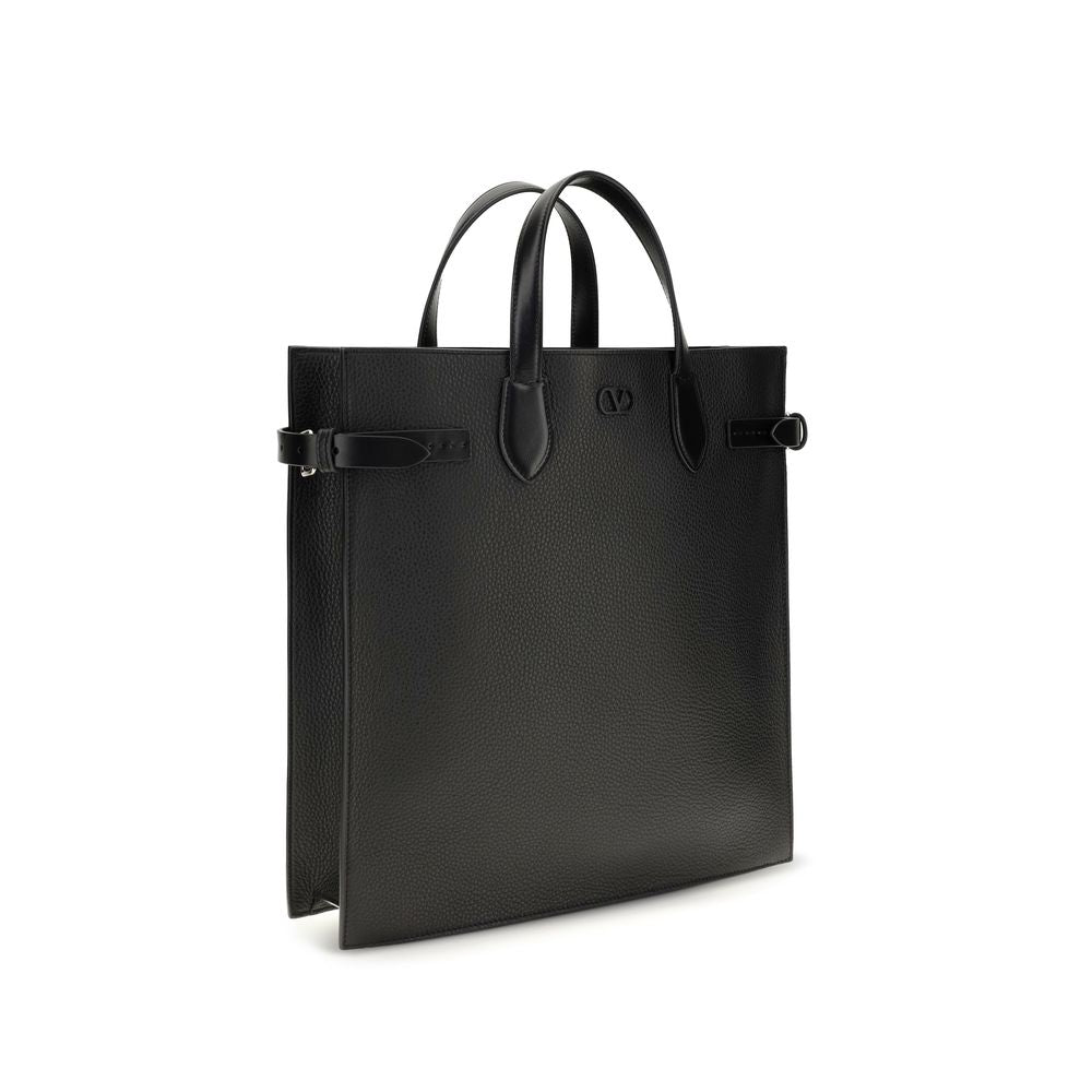 Valentino Garavani black calf leather Bos Taurus shoulder bag with silver hardware and sleek design.