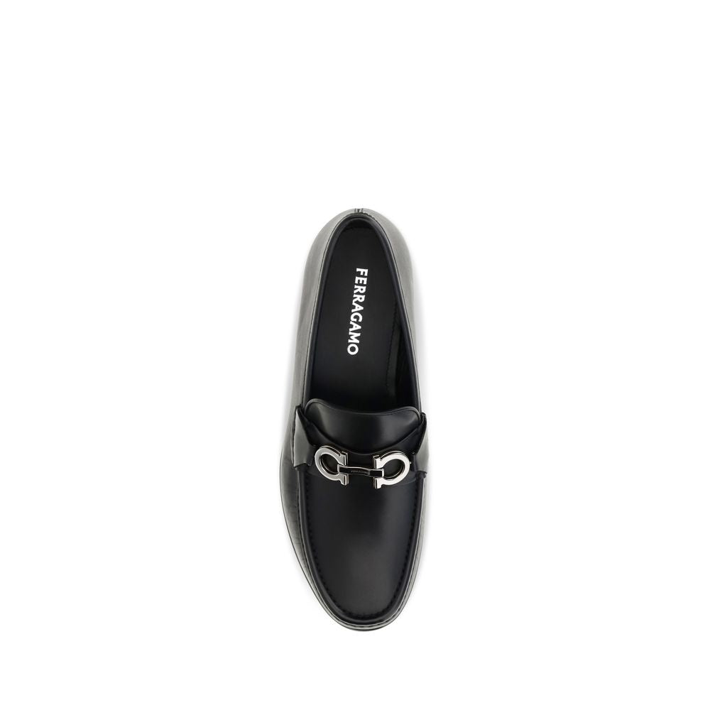 Ferragamo Black Calf Leather Bos Taurus Slip-On Loafers Ferragamo