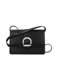 Jimmy Choo black leather crossbody bag with sleek design and adjustable strap, featuring subtle metallic accents.